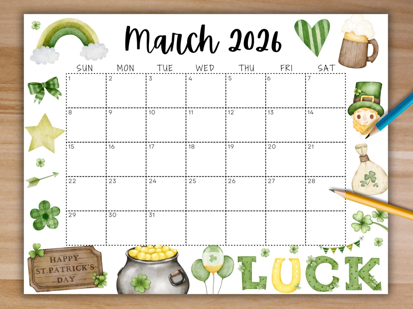 EDITABLE March 2026 Calendar, Printable Calendar W/ St Patricks Day Pot ...