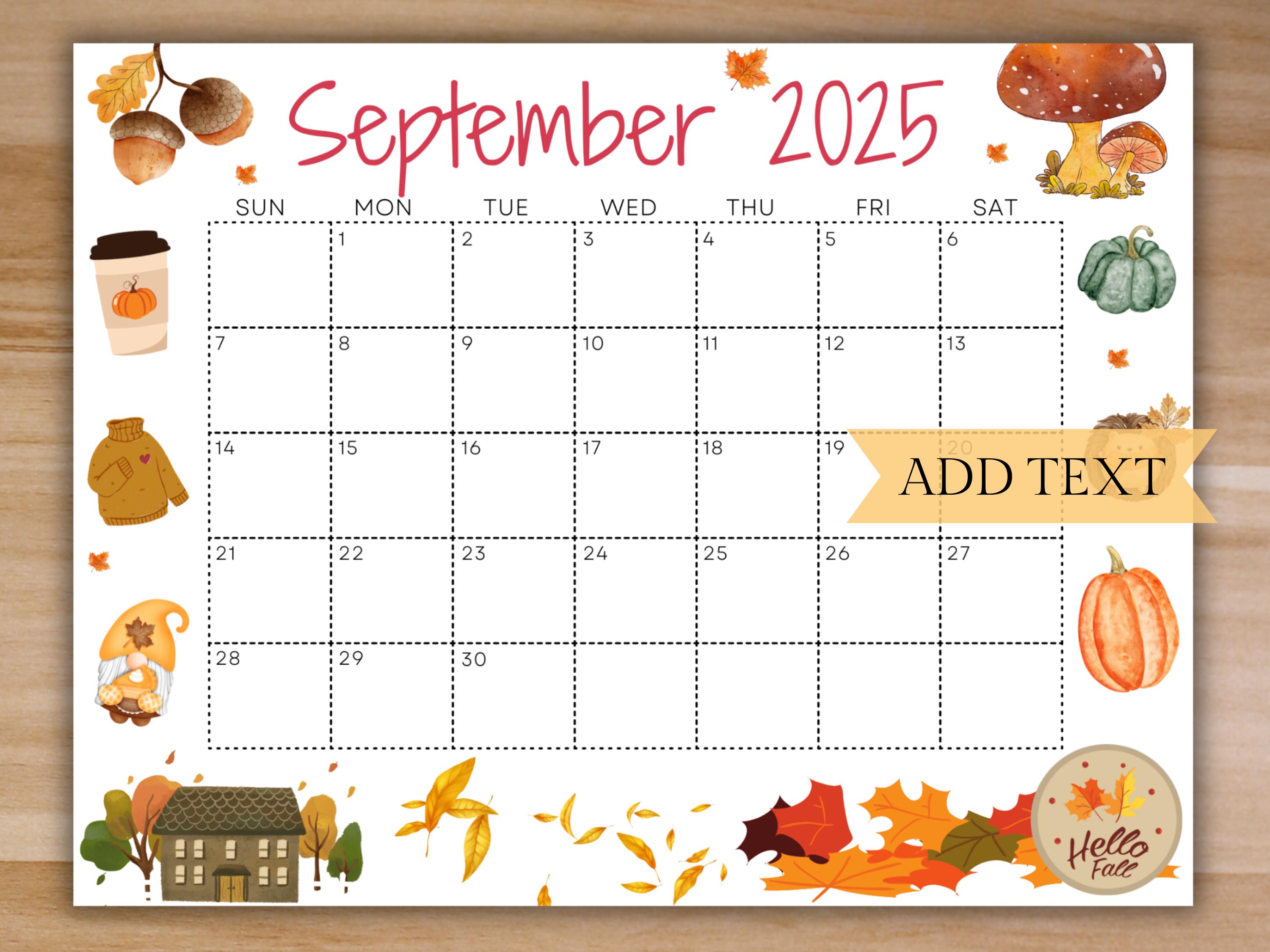 Editable September 2025 Calendar, Printable Calendar, School Calendar, Hello Fall Calendar, Classroom Calendar, Cute September Calendar