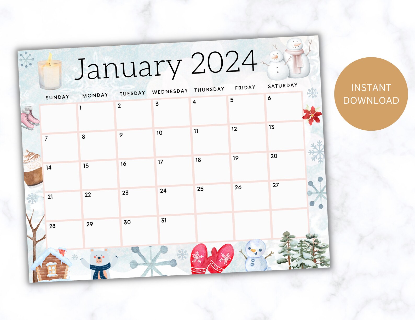 Editable January Calendar 2025, Printable Wall Calendar 2025, Cute