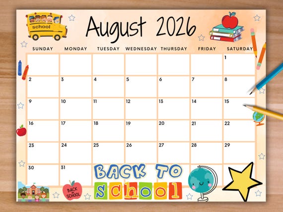 August 2026 Calendar Template Highlighting School Holidays