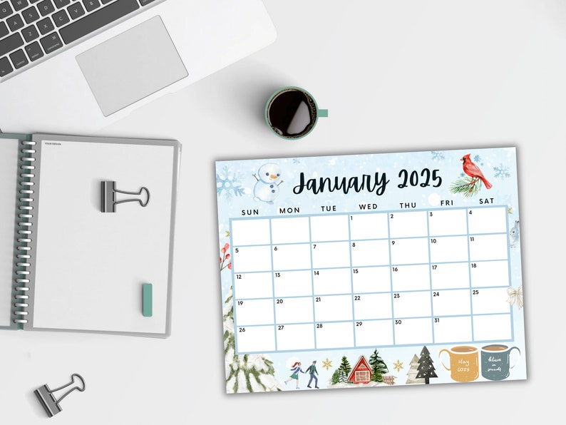 Editable January Calendar 2025, Printable Calendar 2025, Cute Snowman Calendar for Winter