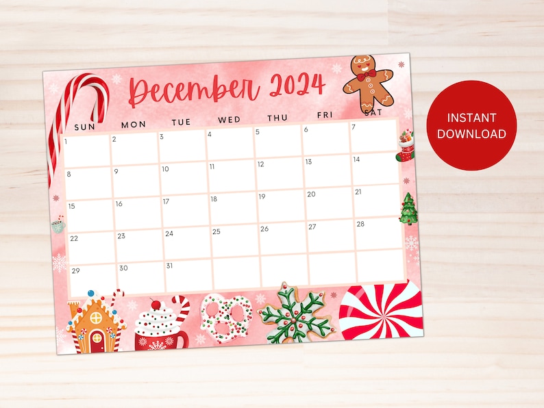 Calendario editable de diciembre de 2025, Calendario navideño rojo