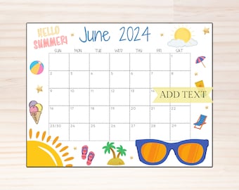 EDITABLE June 2024 Wall Calendar, Printable Classroom Calendar, Cute Summer Calendar with Sunglasses, Monthly Calendar, Family Calendar