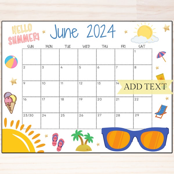 EDITABLE June 2024 Wall Calendar, Printable Classroom Calendar, Cute Summer Calendar with Sunglasses, Monthly Calendar, Family Calendar