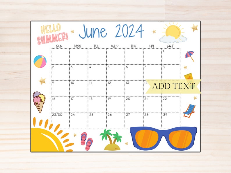 EDITABLE June 2024 Wall Calendar, Printable Classroom Calendar, Cute Summer Calendar with Sunglasses, Monthly Calendar, Family Calendar