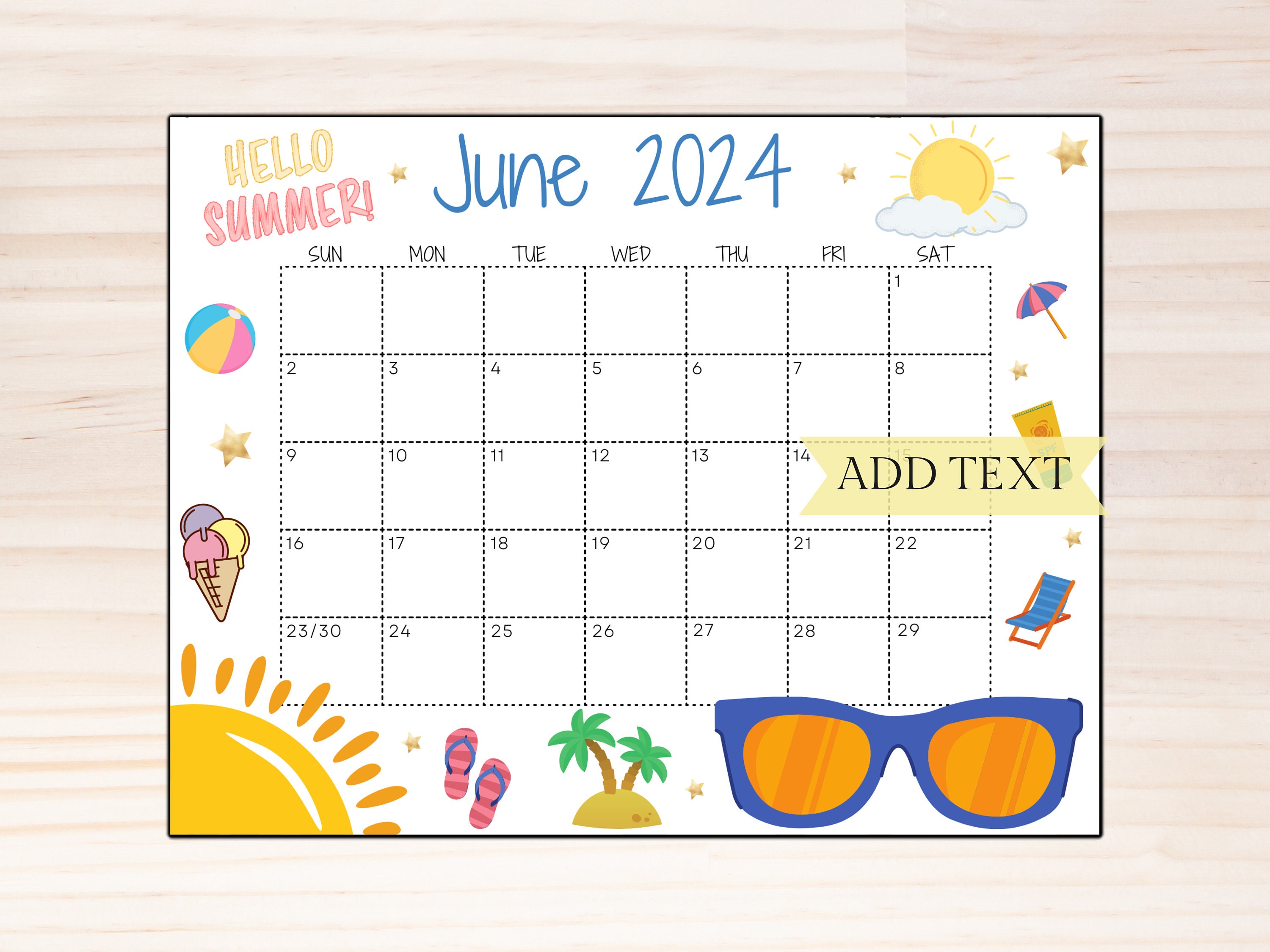 EDITABLE June 2024 Wall Calendar, Printable Classroom Calendar, Cute Summer Calendar With Sunglasses, Monthly Calendar, Family Calendar - Etsy