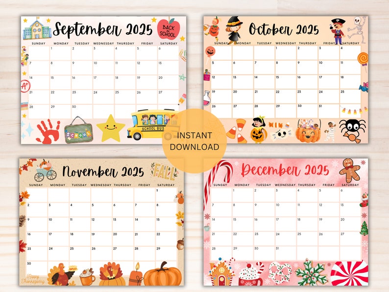 Editable Calendar 2025 Bundle Printable Calendars Colorful Cute Kids