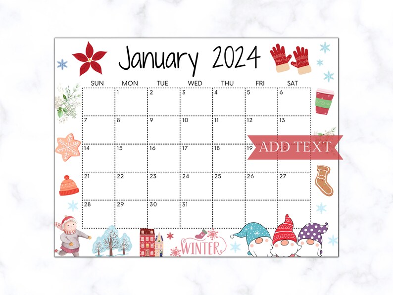 Editable January Calendar 2024, Printable Wall Calendar 2024, Cute ...