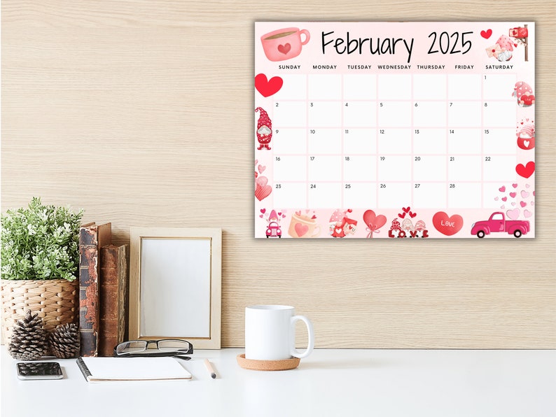 Editable February 2025 Calendar, Printable Valentines Day Calendar W