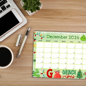 Editable December 2026 Calendar, Printable Calendar w/ Christmas Lights and Christmas Tree, Green Christmas Calendar, Family Calendar