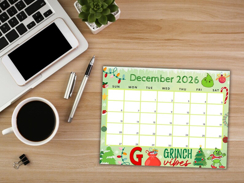 Editable December 2026 Calendar, Printable Calendar w/ Christmas Lights and Christmas Tree, Green Christmas Calendar, Family Calendar