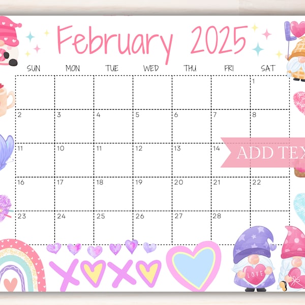 Bearbeitbarer Kalender für Februar 2025, druckbarer bunter Valentinstagskalender mit süßen Zwergen, Schulkalender für Kinder, rosa Monatskalender