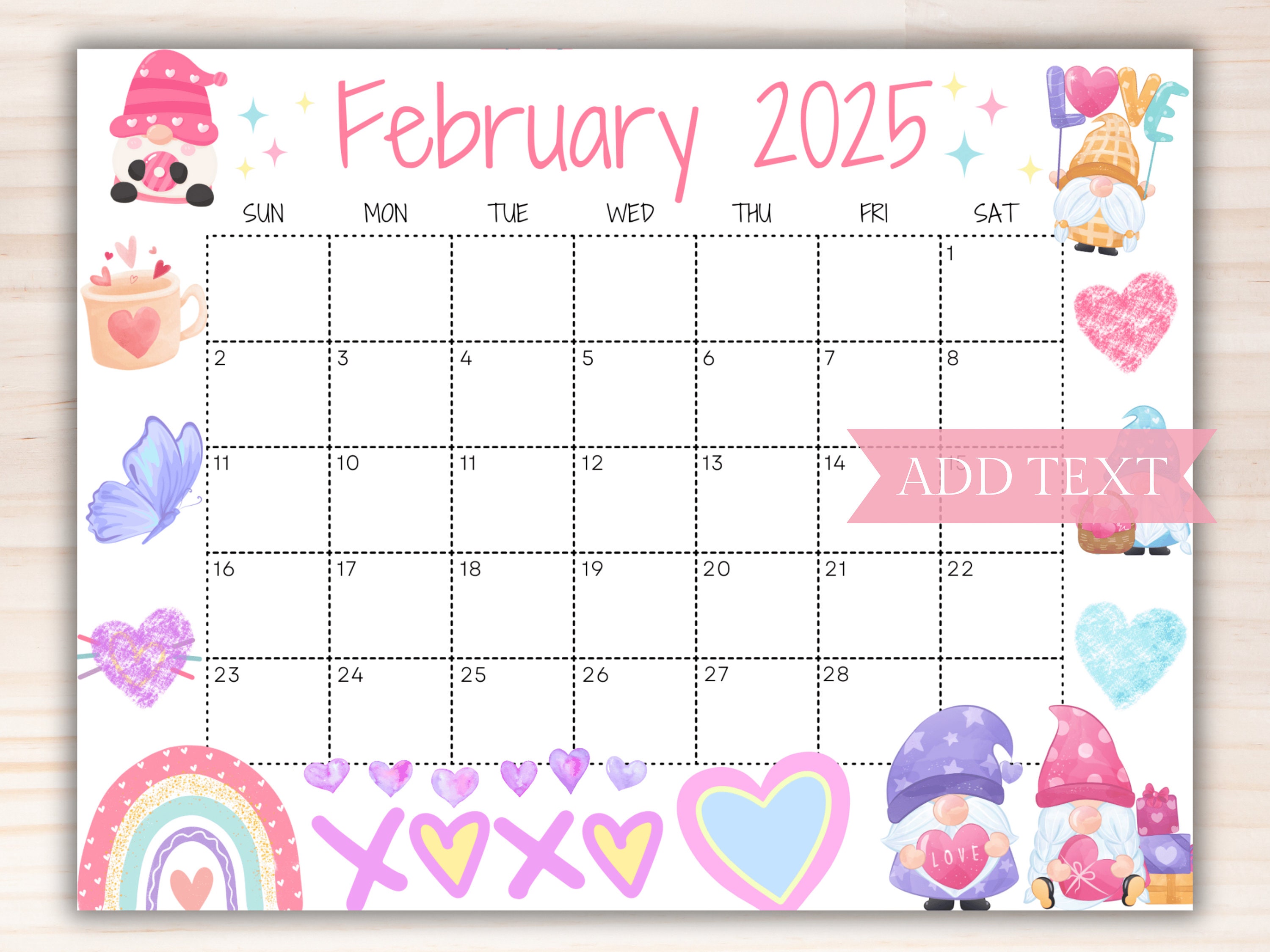 Editable February 2025 Calendar, Printable Colorful Valentines Calendar
