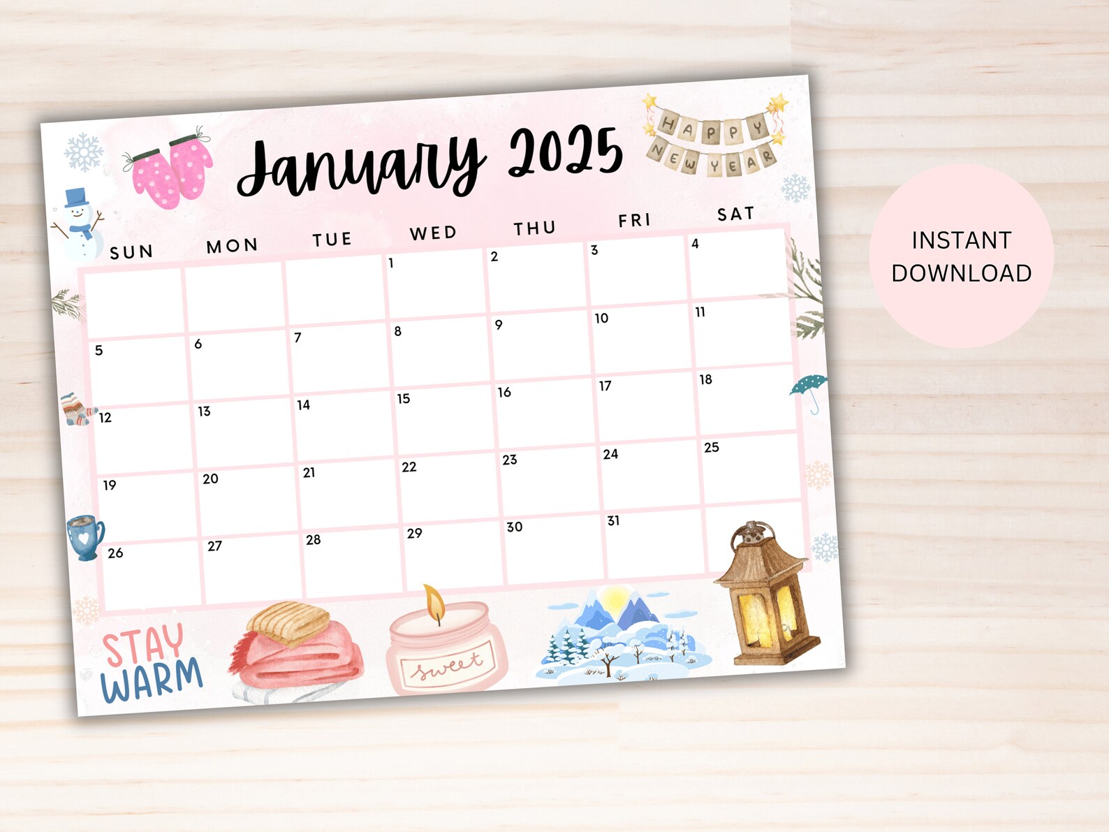 Editable January Calendar 2025, Printable Calendar 2025, Cute Pink