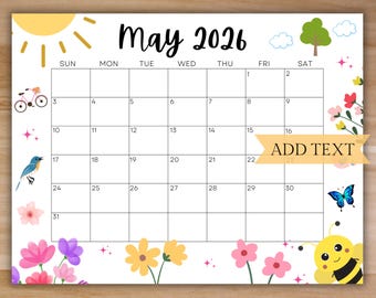 Calendario de mayo de 2026 editable, calendario de pared imprimible de 2026, calendario bonito de mayo, calendario mensual para el aula, calendario familiar bonito, rellenable