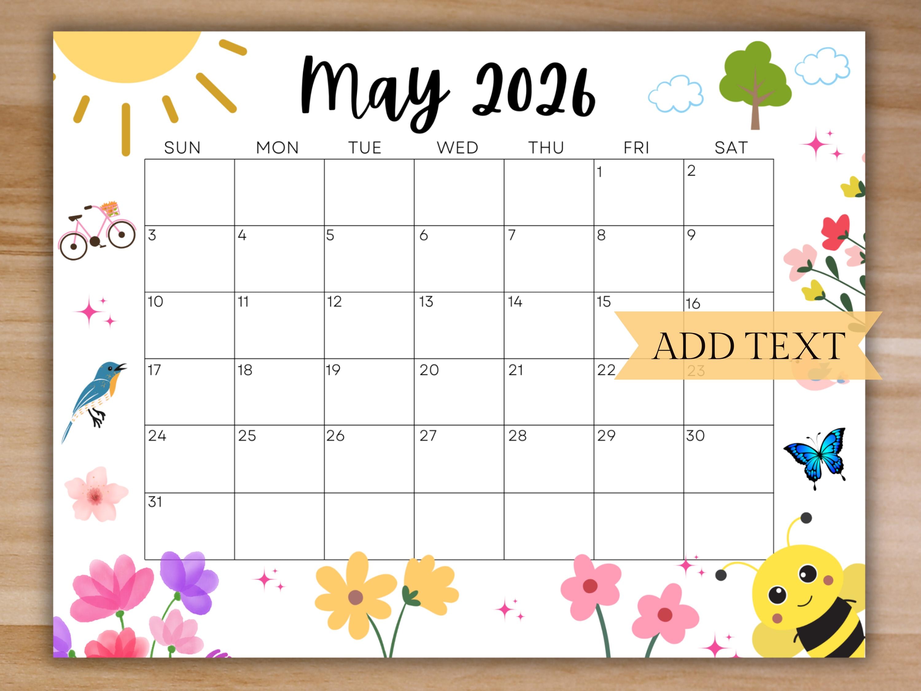 EDITABLE May 2026 Calendar, Printable Wall Calendar 2026, Cute ...