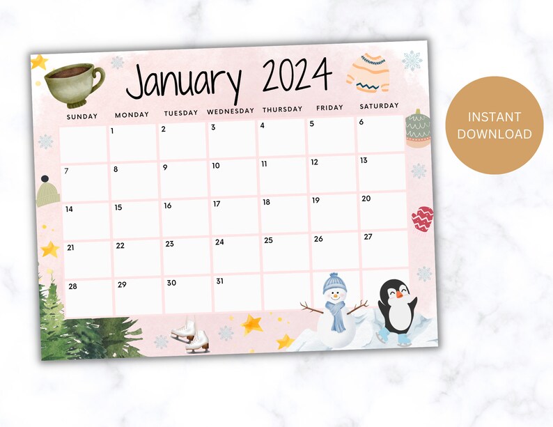 Editable January Calendar 2024, Printable Wall Calendar 2024, Cute