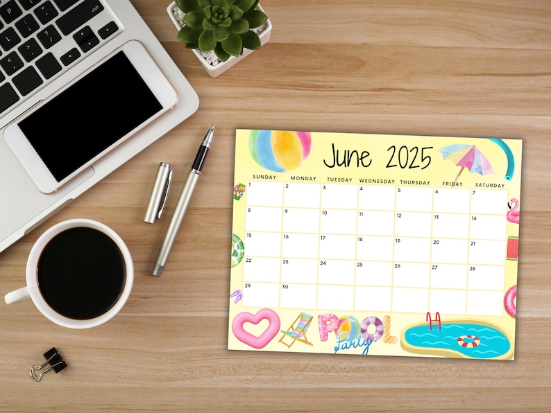 Editable June 2025 Calendar, Printable Sunny Summer Calendar, Cute