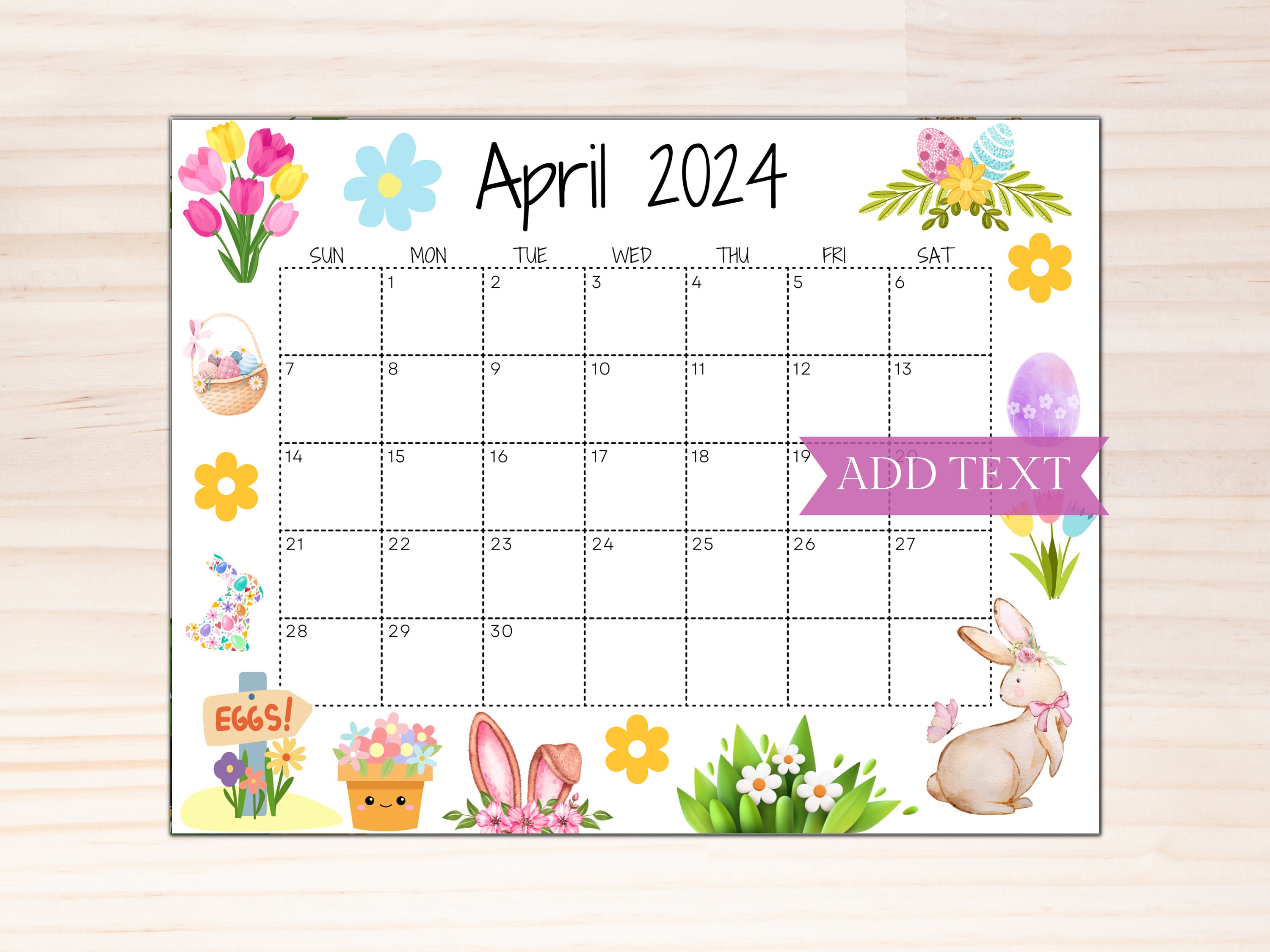 Editable April 2024 Calendar Printable Calendar 2024 Cute Easter Egg