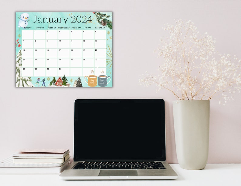 Editable January Calendar 2024, Printable Wall Calendar 2024, Cute