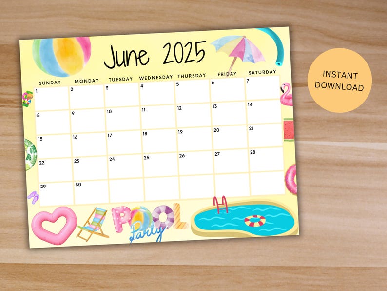 Editable June 2025 Calendar, Printable Sunny Summer Calendar, Cute