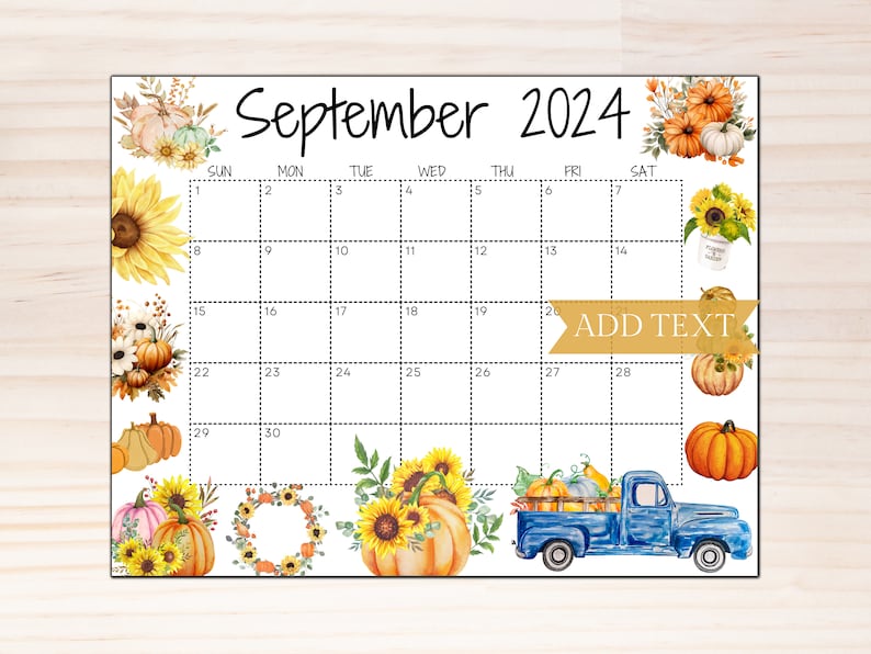 Editable September 2024 Calendar, Printable Calendar W/ Sunflowers