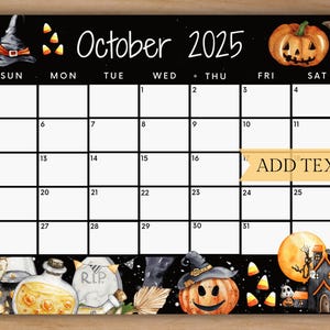 Editable October 2025 Calendar, Printable Calendar, School Calendar, Cute Fall Halloween Calendar, Monthly Calendar, Classroom Calendar