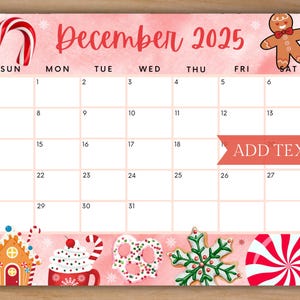 Editable December 2025 Calendar, Printable Red Christmas Calendar w/ Candy Cane, Holiday Calendar, Cute Calendar, School Calendar for Kids