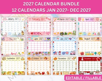 May include: A 2027 calendar bundle featuring 12 monthly pages from January to December. Each page displays a grid for the month with seasonal illustrations, including holiday themes like Valentine's Day, St. Patrick's Day, and Christmas.