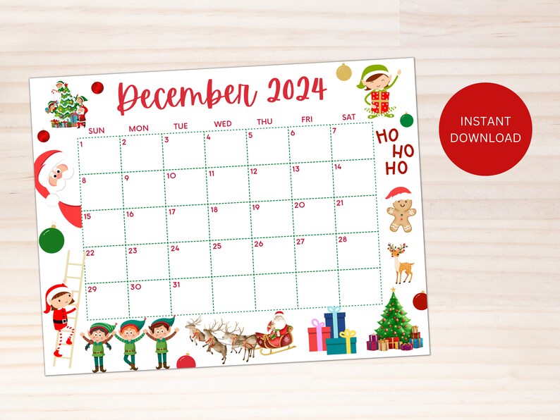 Editable December 2024 Calendar, Printable Christmas Calendar W/ Santa