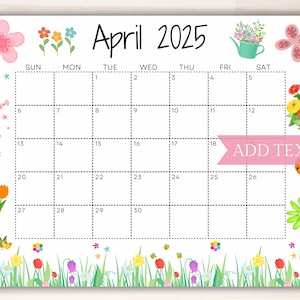EDITABLE April 2025 Calendar, Printable Calendar, Cute Spring Calendar ...