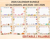 Editable 2026 Calendar Bundle Printable Holiday Calendars for whole year Monthly Planner Cute Design, Fillable Calendar, Homeschool Calendar
