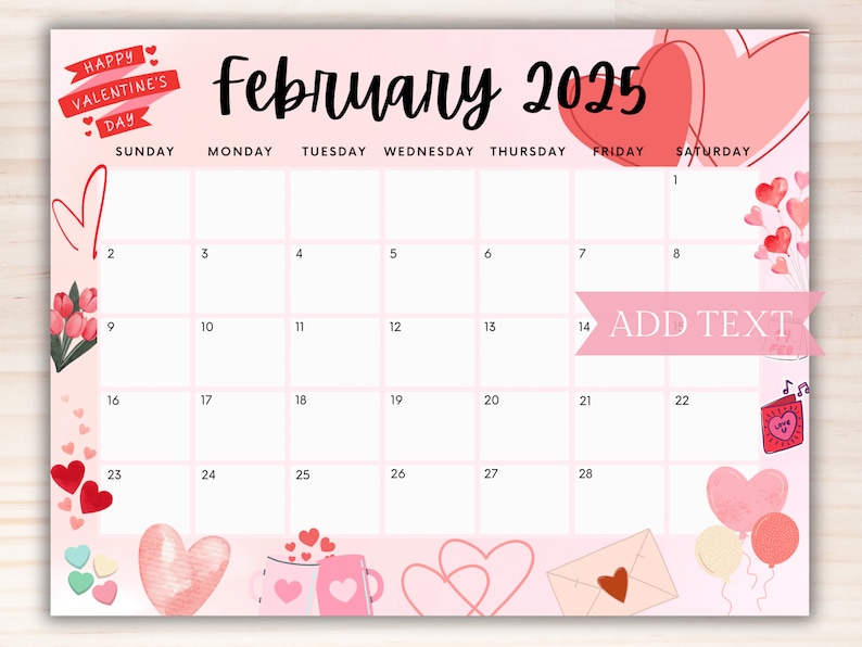 Editable February Calendar 2025, Printable Wall Calendar 2025, Valentine's Day W/ Hearts, Cute