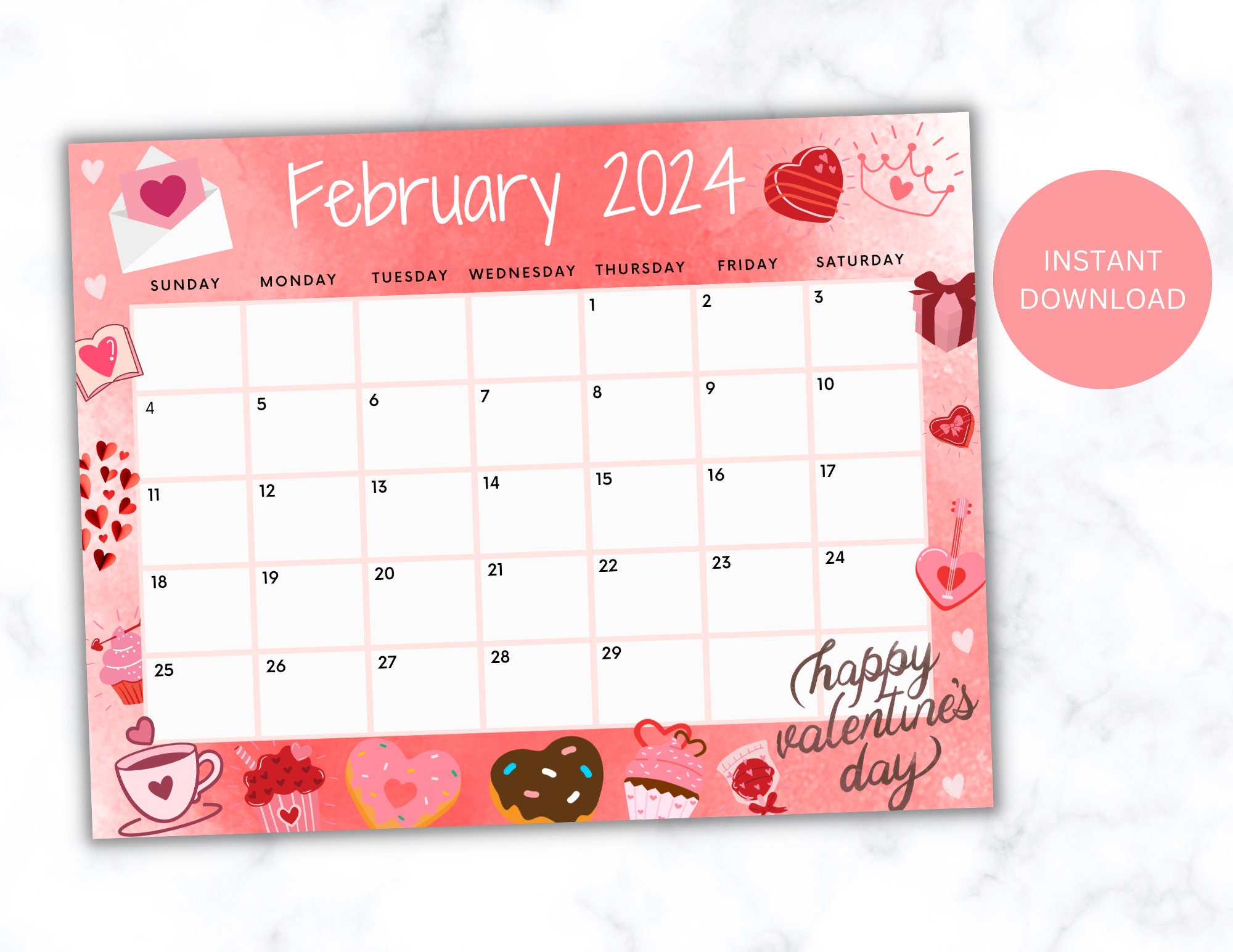 Editable February Calendar 2024, Printable Calendar 2024, Happy