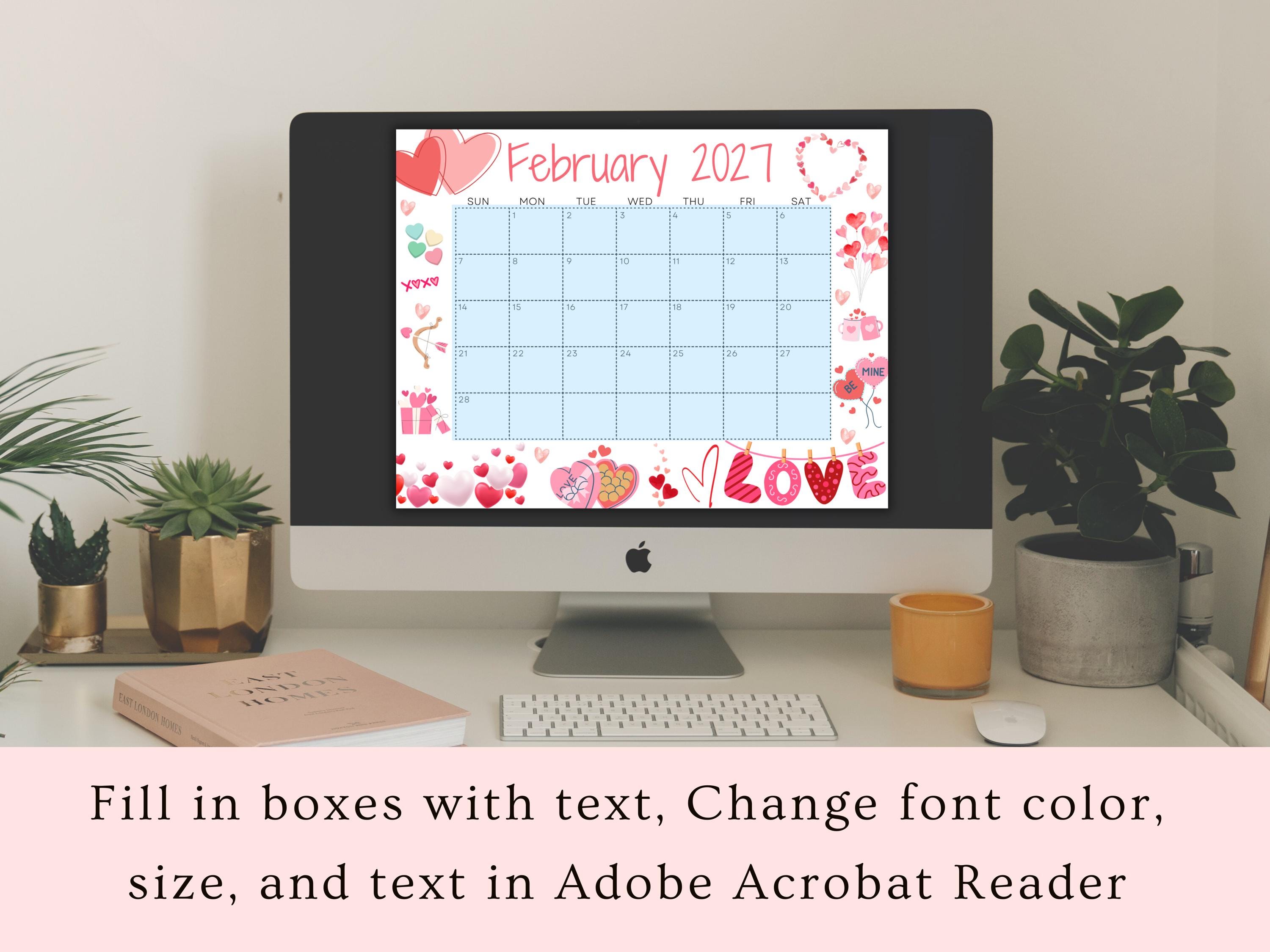 Editable February Calendar 2027, Printable Wall Calendar, Cute Calendar  With Love for Valentine's, Classroom Calendar, School Calendar - Etsy