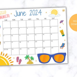 EDITABLE June 2024 Wall Calendar, Printable Classroom Calendar, Cute Summer Calendar with Sunglasses, Monthly Calendar, Family Calendar