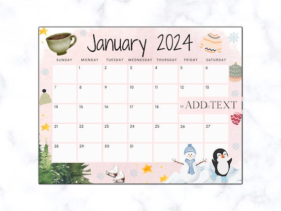 Editable January Calendar 2024, Printable Wall Calendar 2024, Cute Calendar  for January, School Calendar, Classroom Calendar, 2024 Calendar 