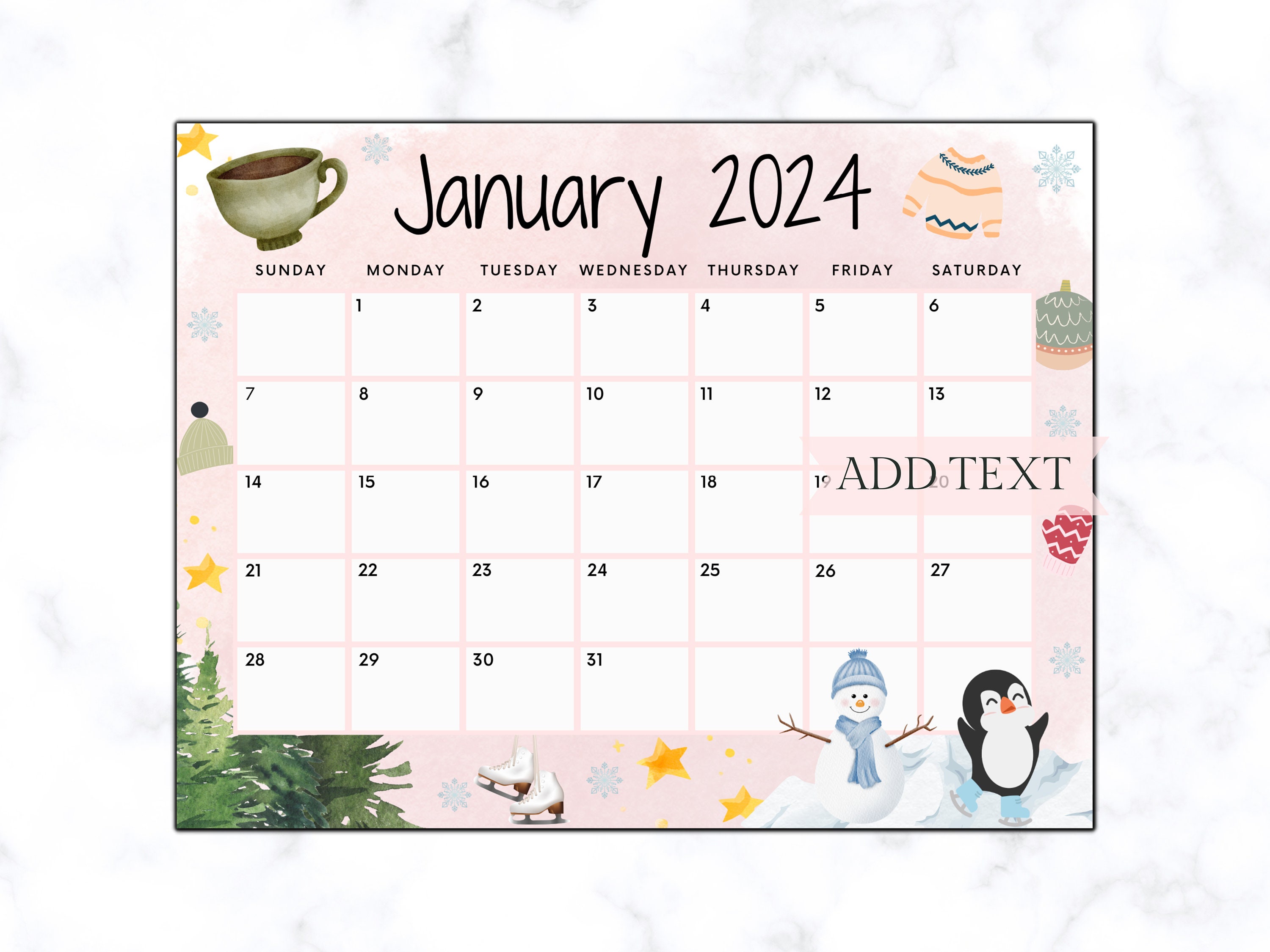 Editable January Calendar 2024, Printable Wall Calendar 2024, Cute