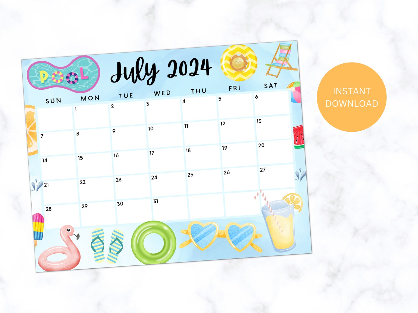 PRINTABLE July 2024 Summer Calendar, Editable July Calendar, Fillable
