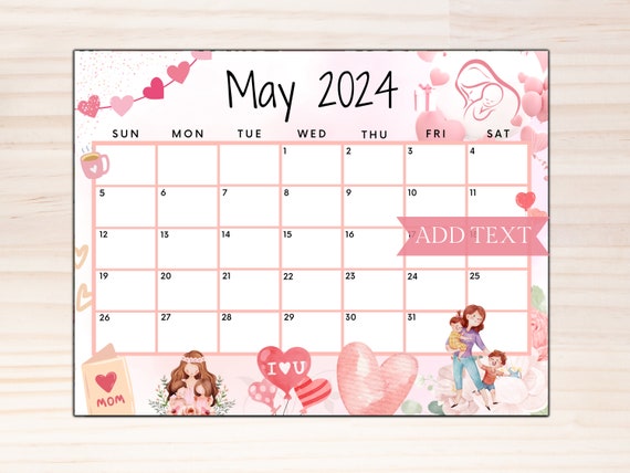 Calendrier modifiable de mai 2024, calendrier mural 2024 imprimable, joli  calendrier pour la fête des mères, calendrier mensuel de classe, calendrier  scolaire -  France