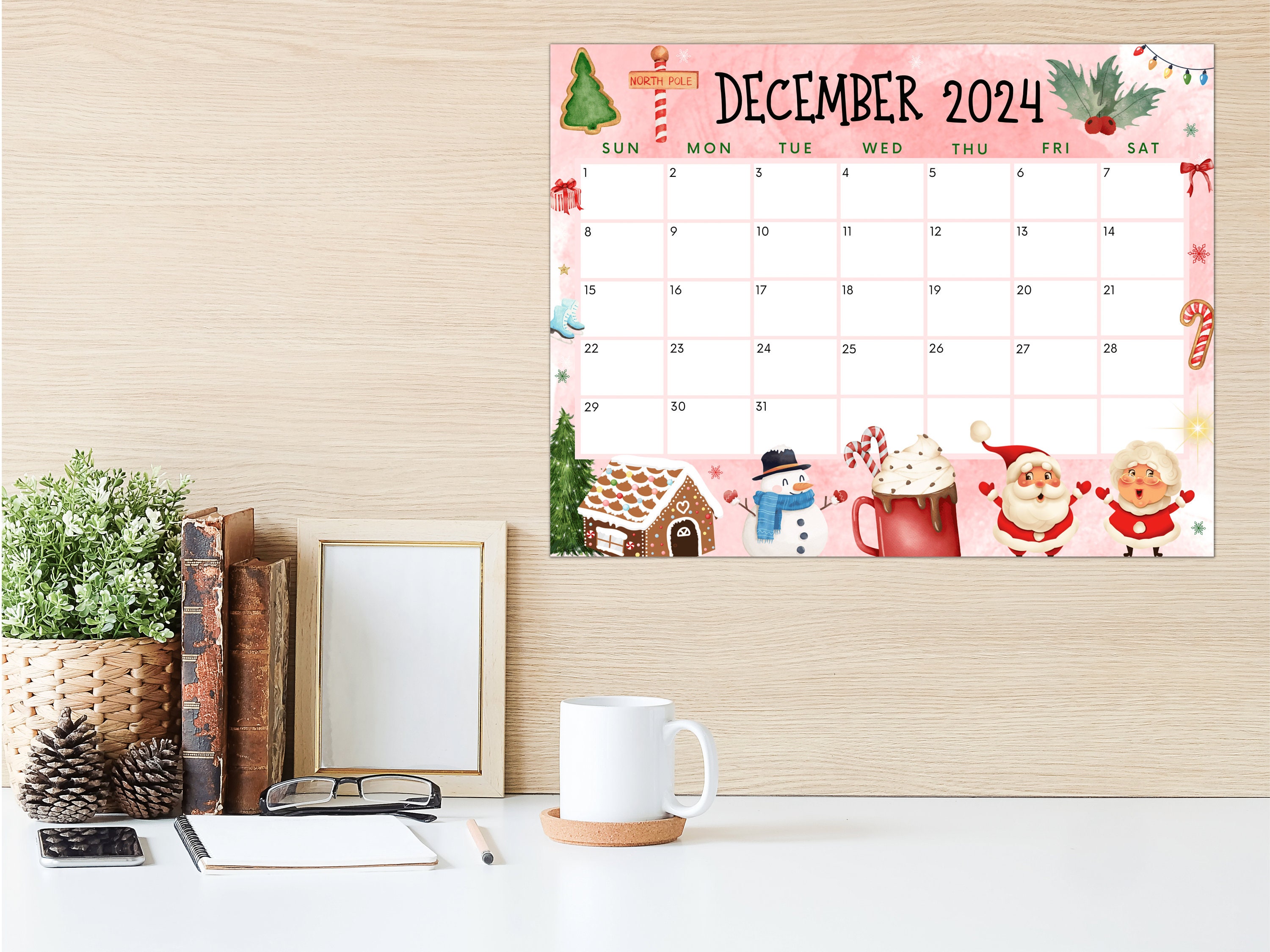 Printable December Calendar 2024, Printable Christmas Calendar W/ Santa Ms Claus Hot Cocoa