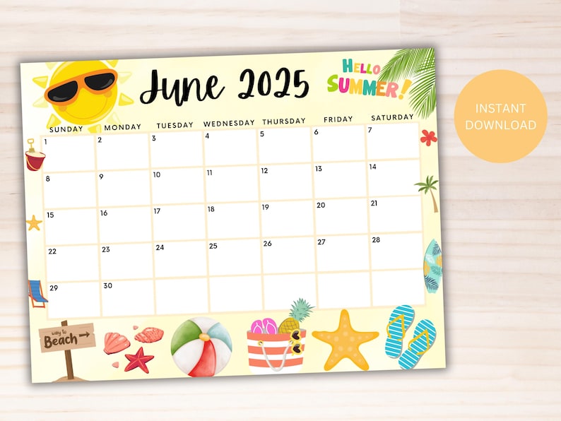 Printable June 2025 Calendar, Editable Calendar W/ Yellow Summer Sun at the Beach, School