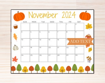 November 2024 Editable Calendar, Printable Calendar, 2024 Wall Calendar, Monthly Calendar, Classroom Calendar, Fridge Calendar, Fall Weather