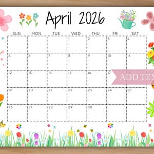 EDITABLE April 2026 Calendar, Printable Calendar, Cute Spring Calendar, Monthly Calendar, Homeschool Calendar, Kids Calendar Springtime