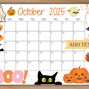 Editable October 2025 Calendar, Printable Calendar, 2025 School Calendar, Cute Fall Halloween Calendar w/ Pumpkins, Classroom Calendar