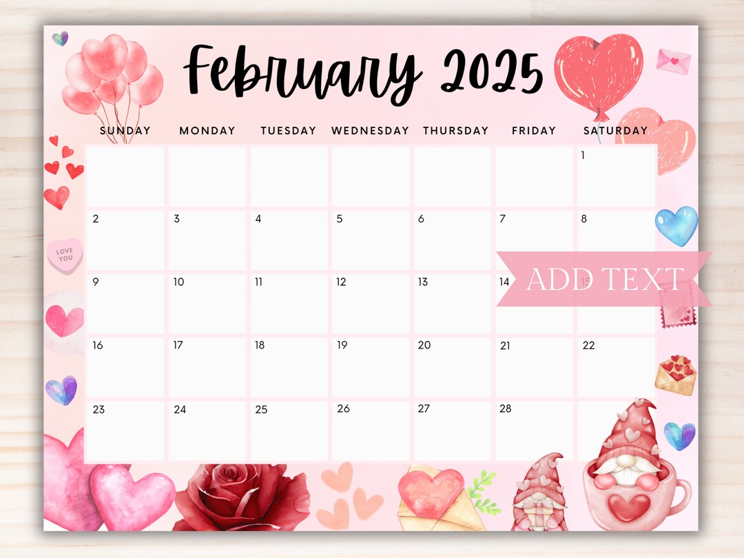 Editable February 2025 Calendar, Cute Printable Calendar W/ Red Rose for Valentines Day, School