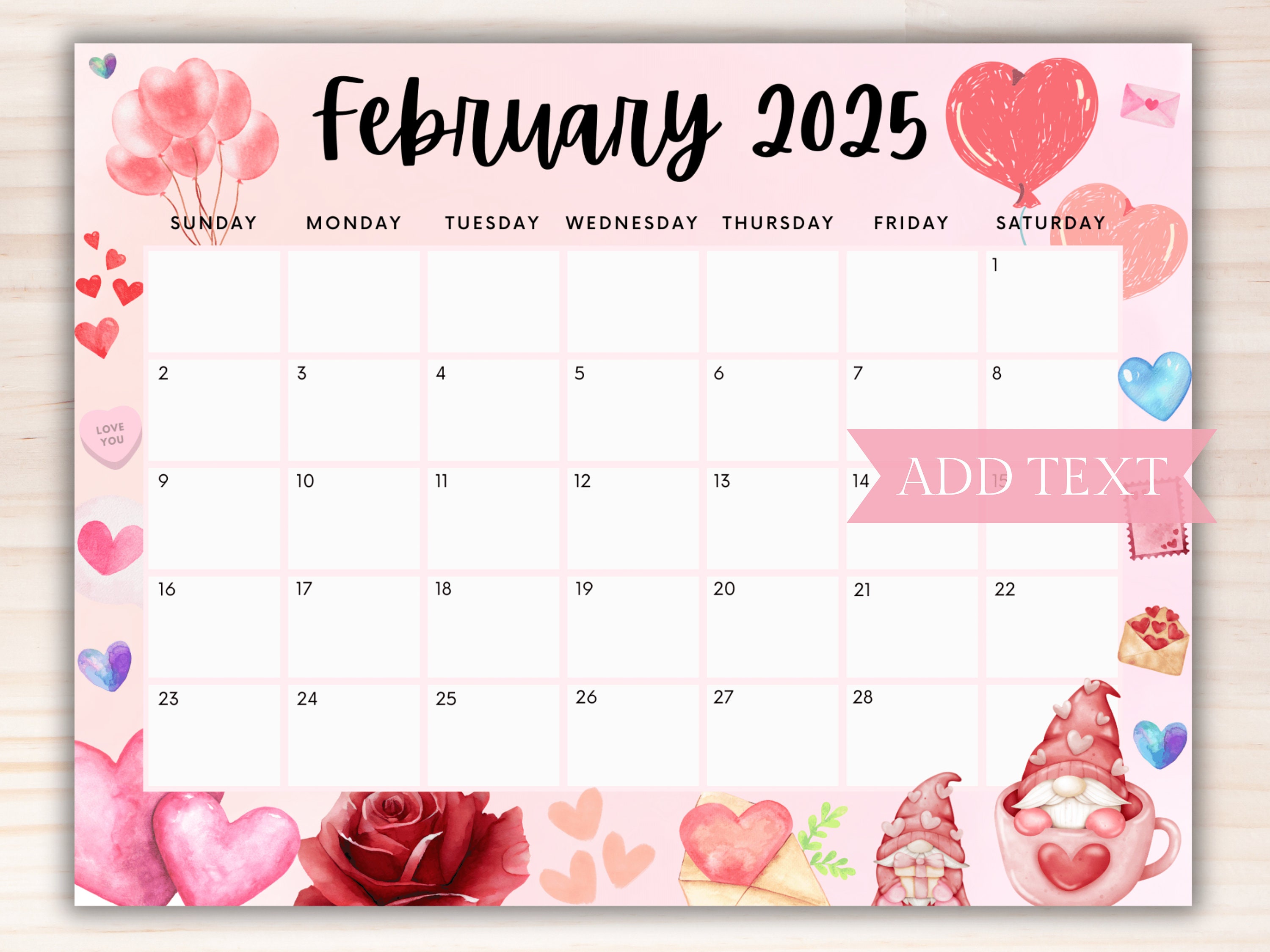Editable February 2025 Calendar, Cute Printable Calendar W/ Red Rose
