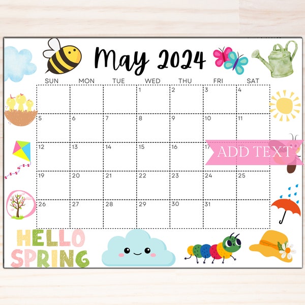 EDITABLE May 2024 Calendar, Printable Calendar 2024, Cute Spring Calendar with bees and flower, Monthly Calendar, Family Calendar for School