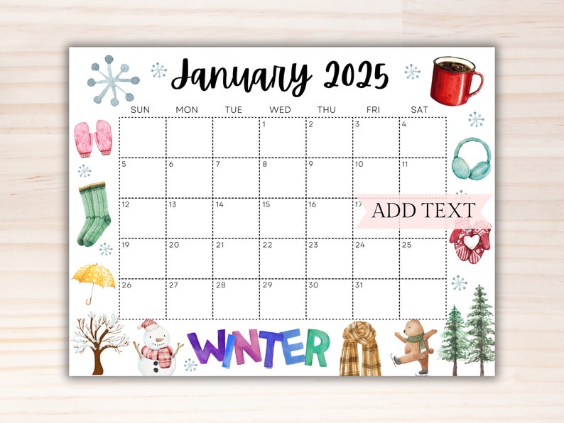 Editable January Calendar 2025, Printable Calendar 2025, Cute Calendar for Winter, School