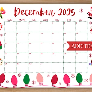 Printable December Calendar 2025, Christmas Calendar, Holiday Calendar, December 2025 Printable Calendar, Family Calendar, Printable Digital